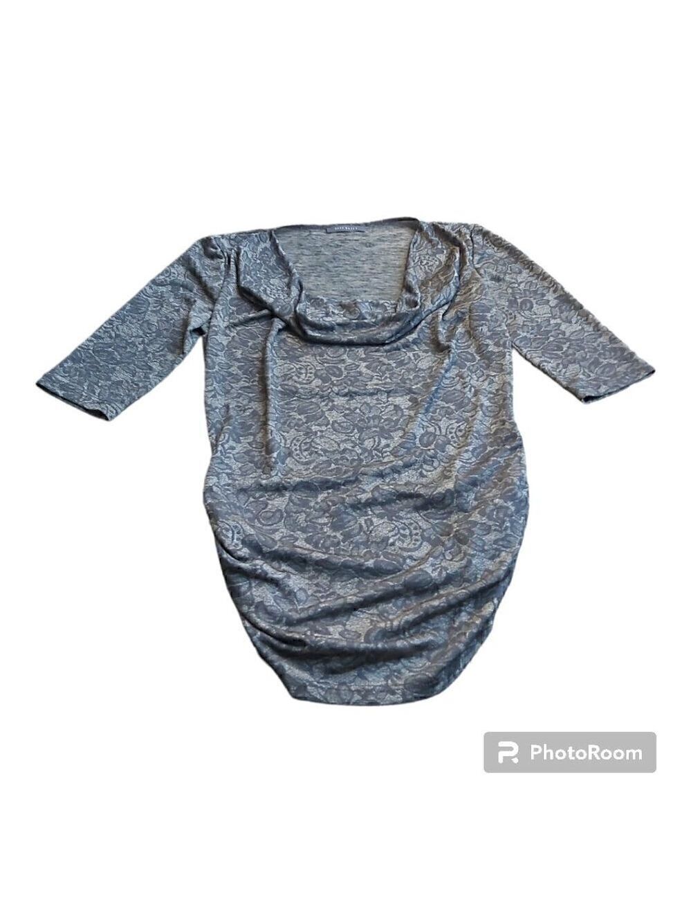 Suzy Shier Floral Gray/Silver 3/4 Sleeve Cowl Neck Shirt - Polyester/Spandex XS
